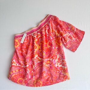 Trina Turk Woman’s Pink Floral One-Shoulder Blouse Cotton-Linen Top Size M NWT